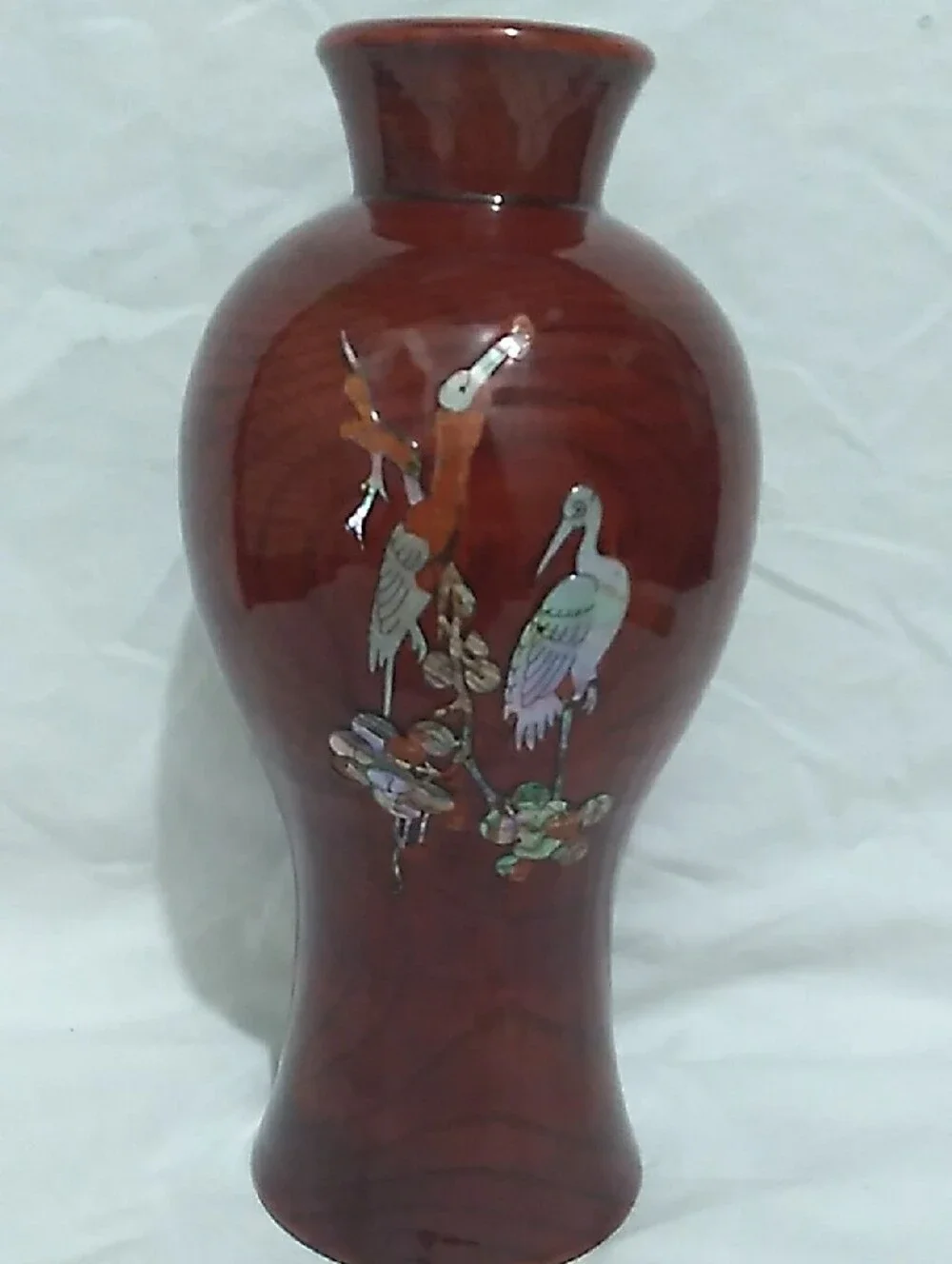 VNTG Japanese Red Lacquer Wood Vase  Mother-of-Pearl Crane  (B9)